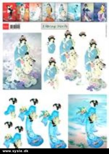 0833 - 3D Pige i blå Kimono - 2 kort på ark+små foto *Sidste ark*