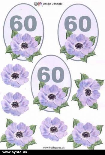 0766 - 3D Blomst, 60 års dag (lilla) 3 kort