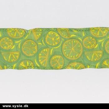 Silkebånd m. tråd - 40mm Grøn m. Lemon - 5m rulle
