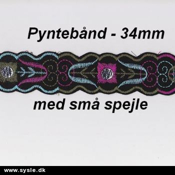 Retro pyntebånd - 34mm sort/tyrkis m. spejle - pr.m.