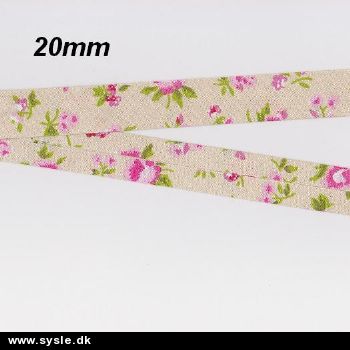 Skråbånd 20mm - Blomster Beige/rosa/grøn - pr.m. 