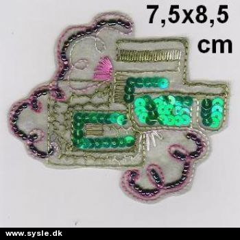 7,5x8,5cm Mærke, Grøn m. perler og pailletter - 1stk. 
