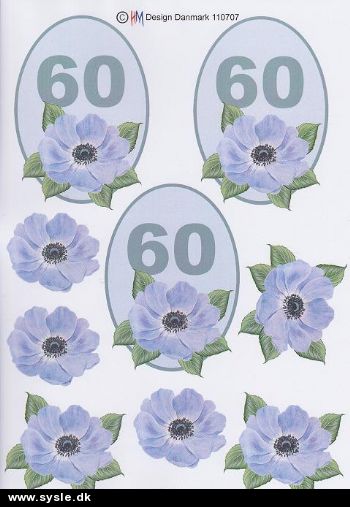 0707 - 3D Blomst, 60 års dag (blå) 3 kort 