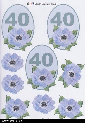 0764 - 3D Blomst, 40 års dag (blå) 3 kort 