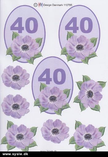 0705 - 3D Blomst, 40 års dag (lilla) 3 kort 