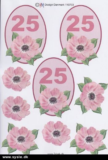 0703 - 3D Blomst, 25 års dag (rosa) 3 kort 