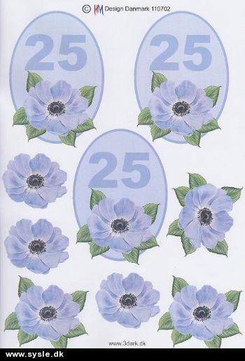 0702 - 3D Blomst, 25 års dag (blå) 3 kort 