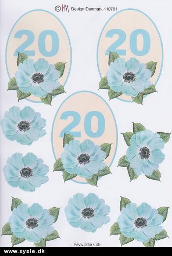 0701 - 3D Blomst, 20 års dag (tyrkis) 3 kort 