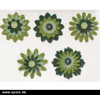 2702 Filt Blomster - 5 ass. m.knap 5½cm - grøn