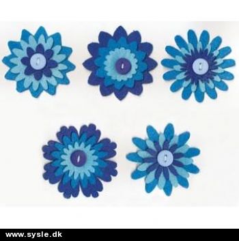 2706 Filt Blomster - 5 ass. m.knap 5½cm - Blå