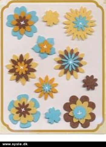 2716 Filt Blomster - 11 ass. 2,5-4,5cm - Gul/Tyrkis